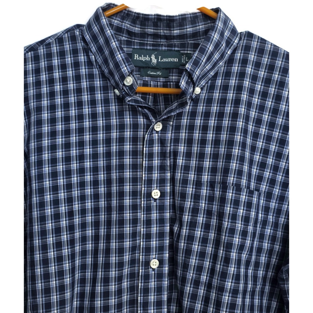 Ralph Lauren Mens Large Blue Plaid Custom Fit Button Down Shirt Long Sleeve L